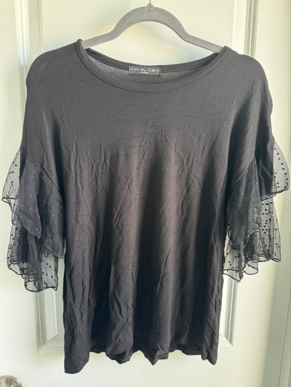 Kim & Cami Black Short Sleeve Top with Dotted Mesh Ruffle Sleeves